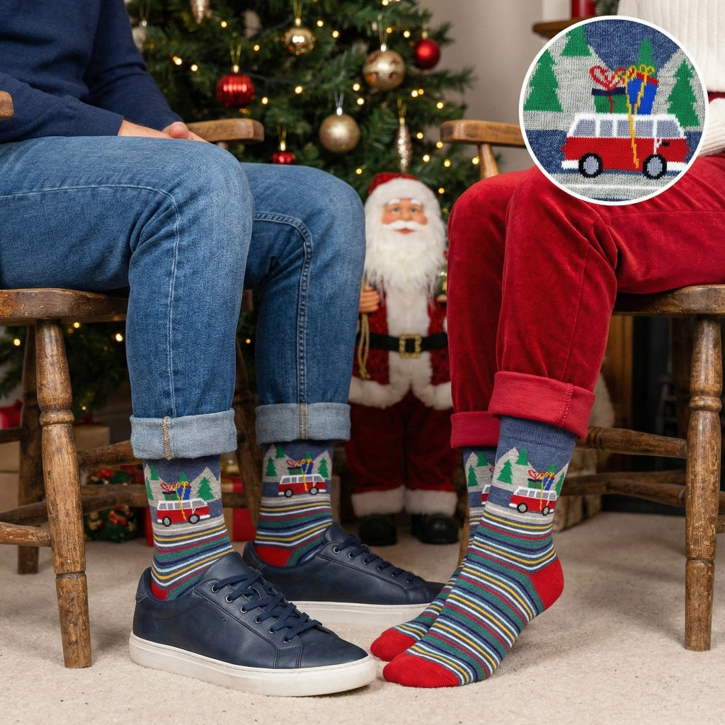 Božićne čarape CAR CHRISTMAS s crveno-bijelim kombijem poklona među borovima