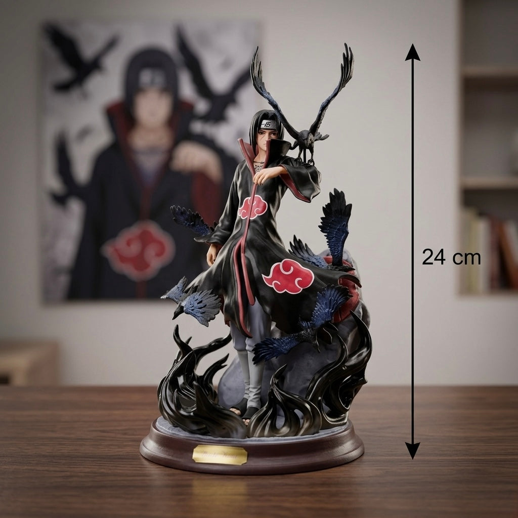 Naruot itachi uchiha figura 24 cm s crnim i crvenim akatsuki ogrtačem i motivima oblaka okružena pticama i dimom