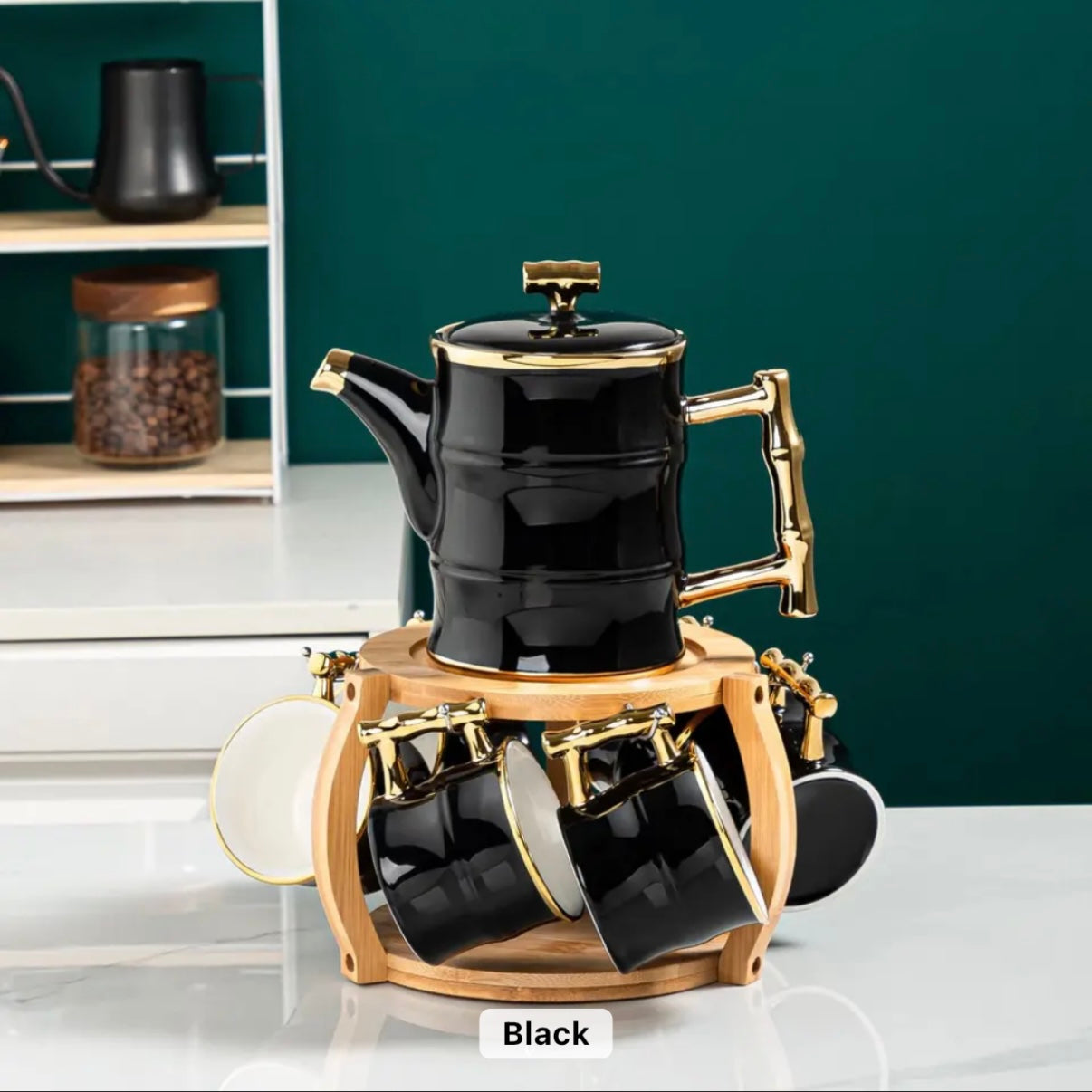 Crni porcelanski set: čajnik 1200 ml s bambus rukohvatima + 6 šolja 260 ml na držaču