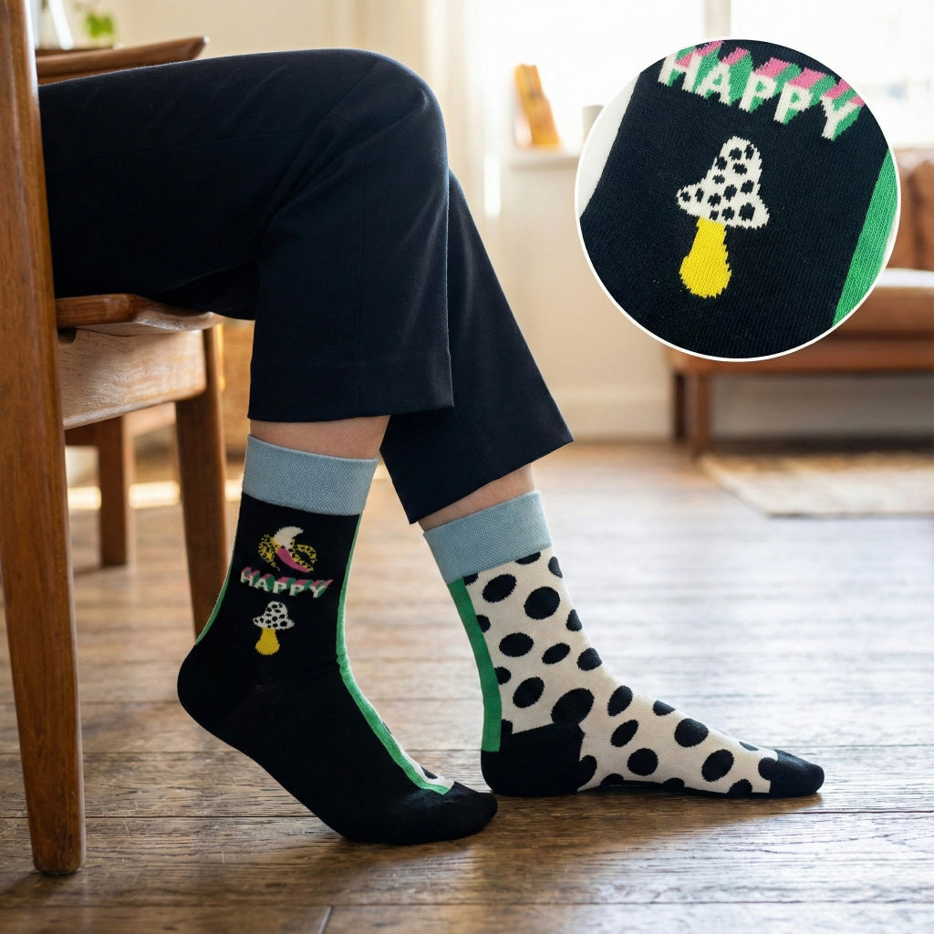 Crne i bijele čarape s točkicama, žutim gljivama i zelenim obrubom