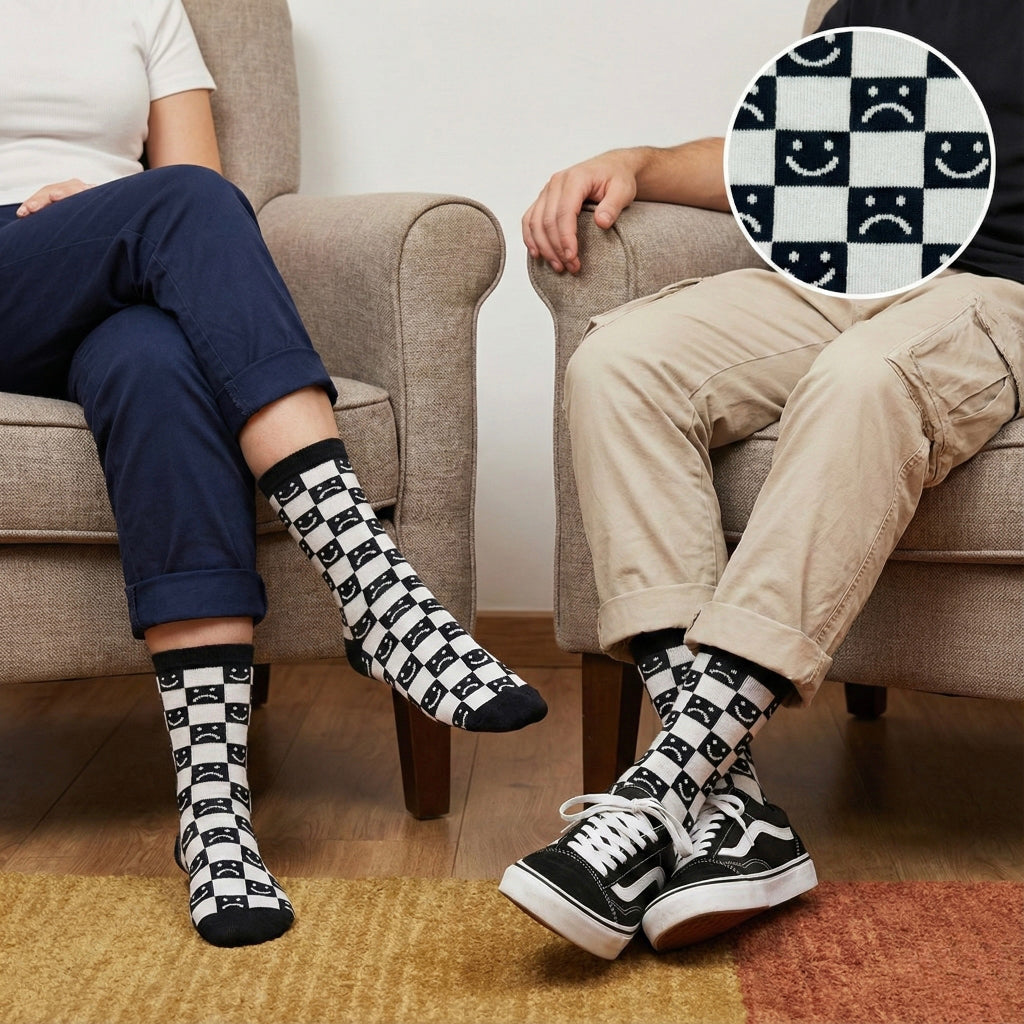 Crne i bijele kvačice čarape Smiley Faces s osmijehom i namrštenim licima