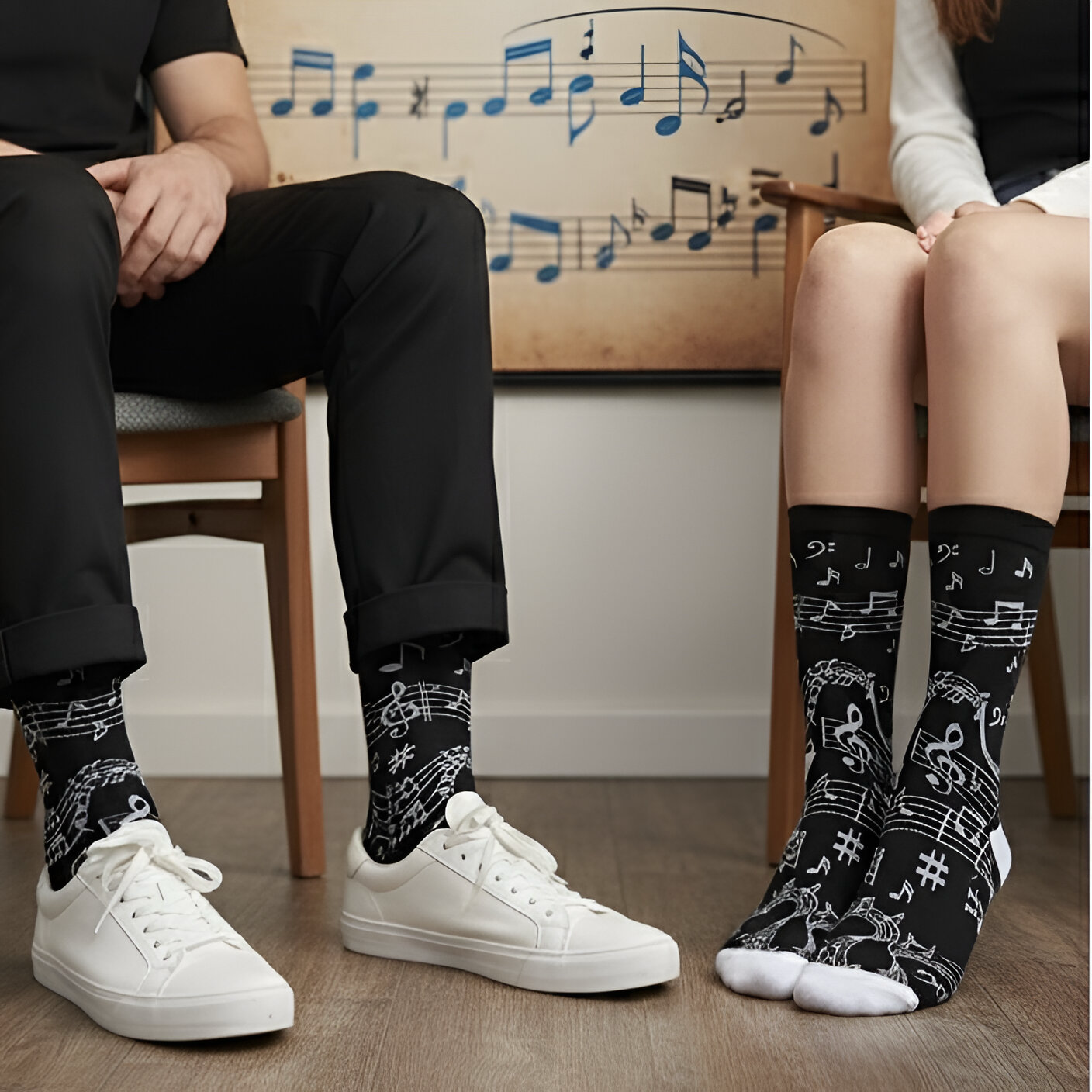 Crne čarape s glazbenim notama i pentagramom, tvrtke Vestido