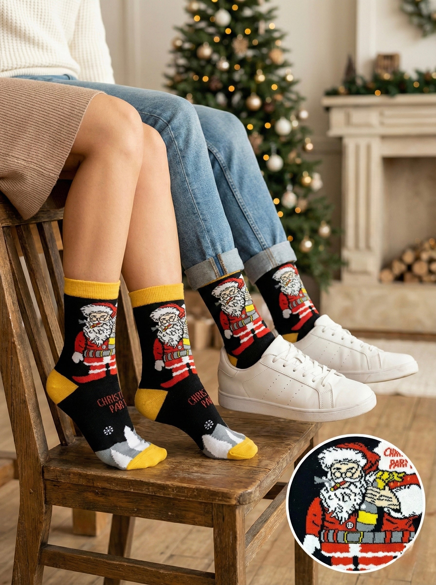 Božićne čarape Santa crne s žutim naglascima i tekstom Božićna zabava