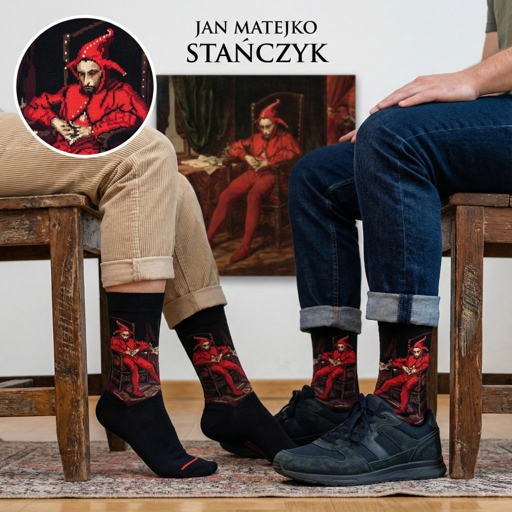 Crne čarape s detaljnim crveno-crnim printom slike Stańczyk Jana Matejke