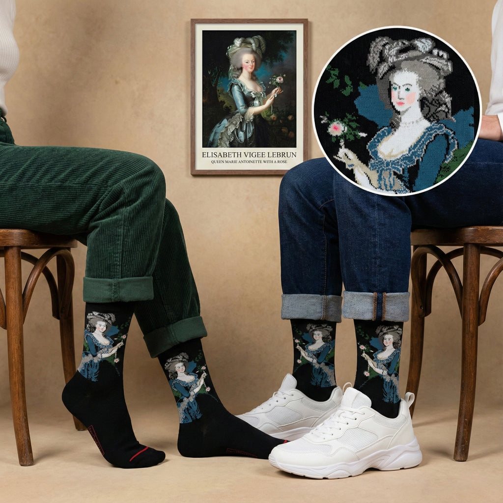 Crne čarape s portretom Elizabete Vigée Le Brun u plavoj i bijeloj s crvenim naglascima na peti