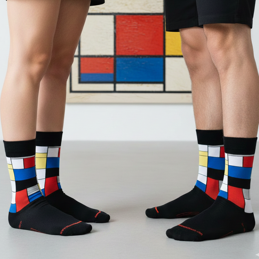 Crne čarape inspirirane Pietom Mondrianom s crveno-plavo-žutom geometrijom
