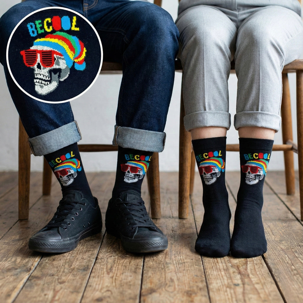 Crne čarape BE COOL s duhovnim lubanjom i crvenim naočalama