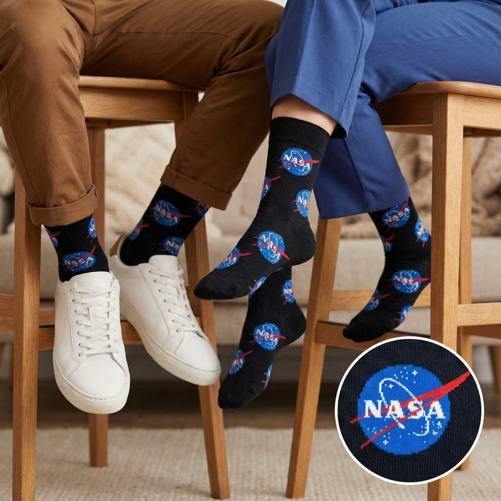 Crne NASA čarape s plavo-crvenim logom, svakom koraku