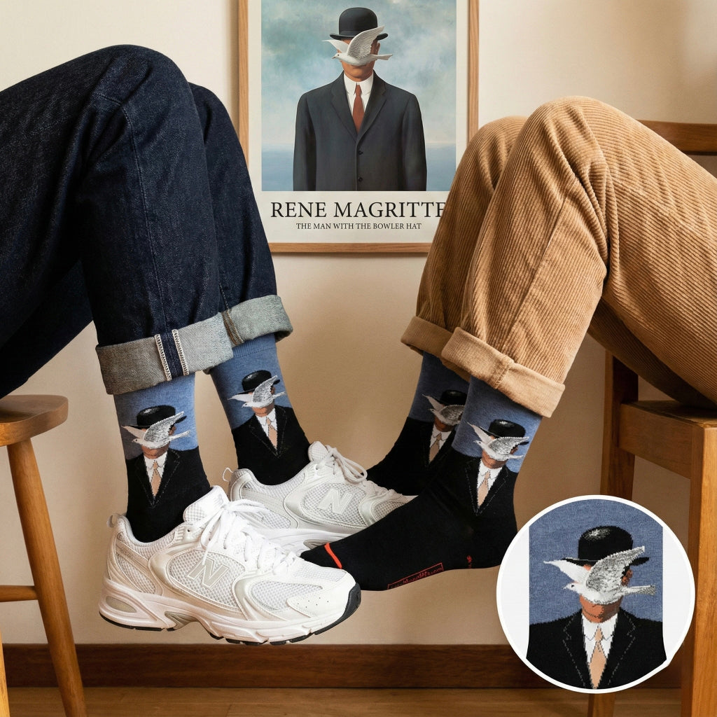 Crne čarape s printom Reného Magritta: Čovjek u odijelu i cilindru s bijelom pticom na licu