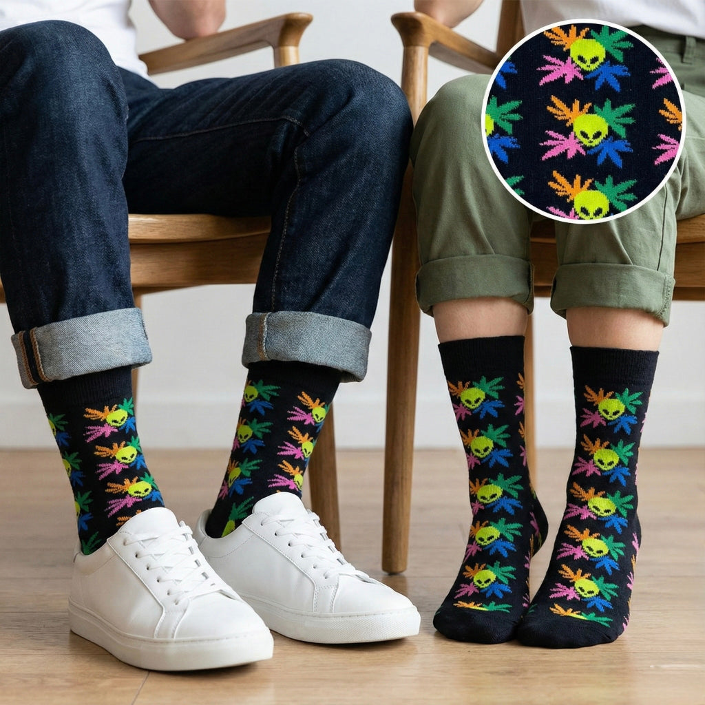 Crne čarape Marihuana Vanzemaljac s dužnim uzorkom duge vanzemaljaca i listova marihuane