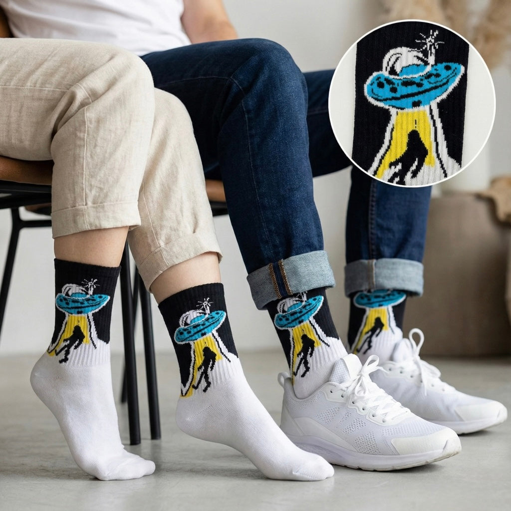 Crne posade s plavim UFO-om, žutim zrakama i siluetama vanzemaljaca