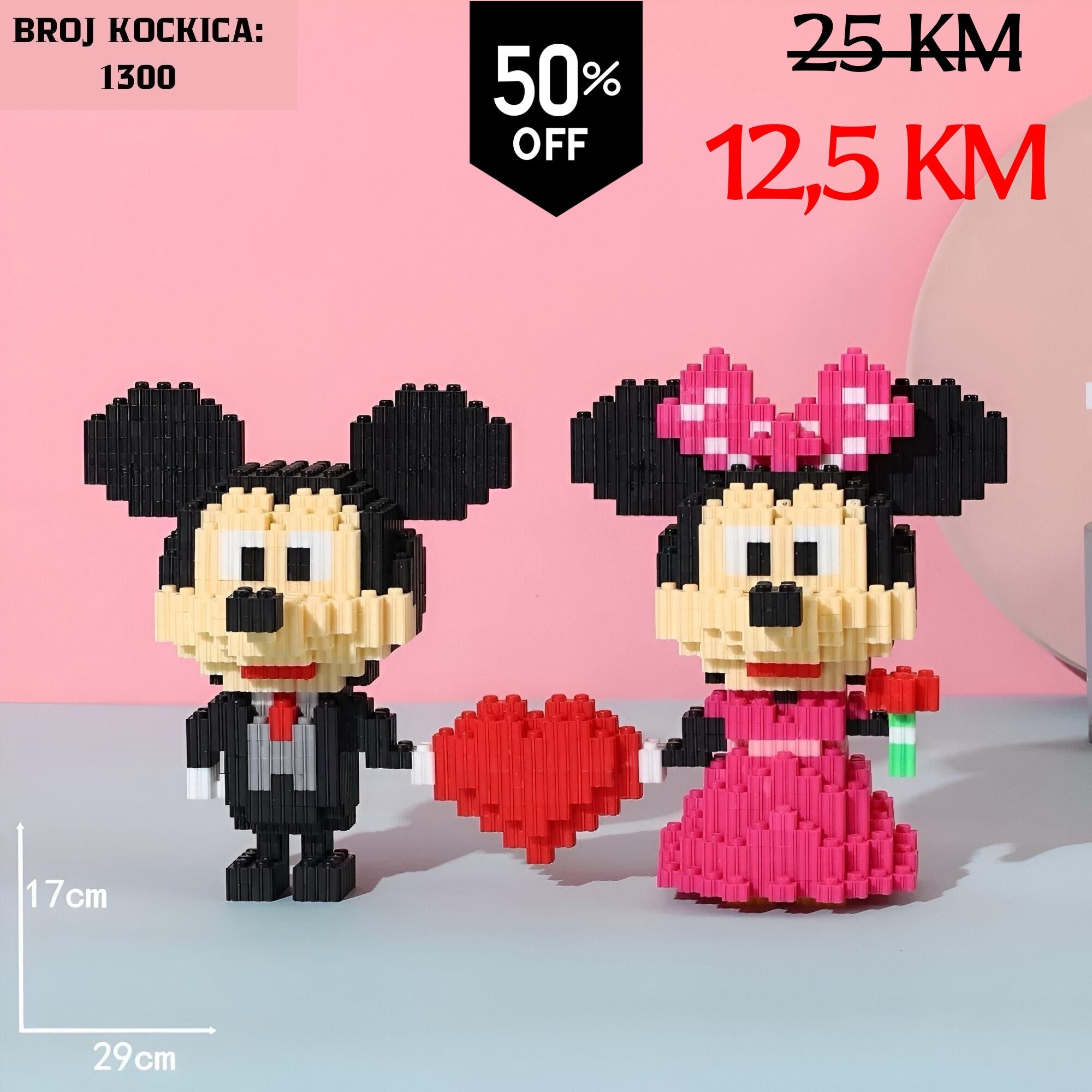 Crne i ružičaste figure Mickeyja i Minnie Mouse od 1300 kockica LEGO s crvenim srcem