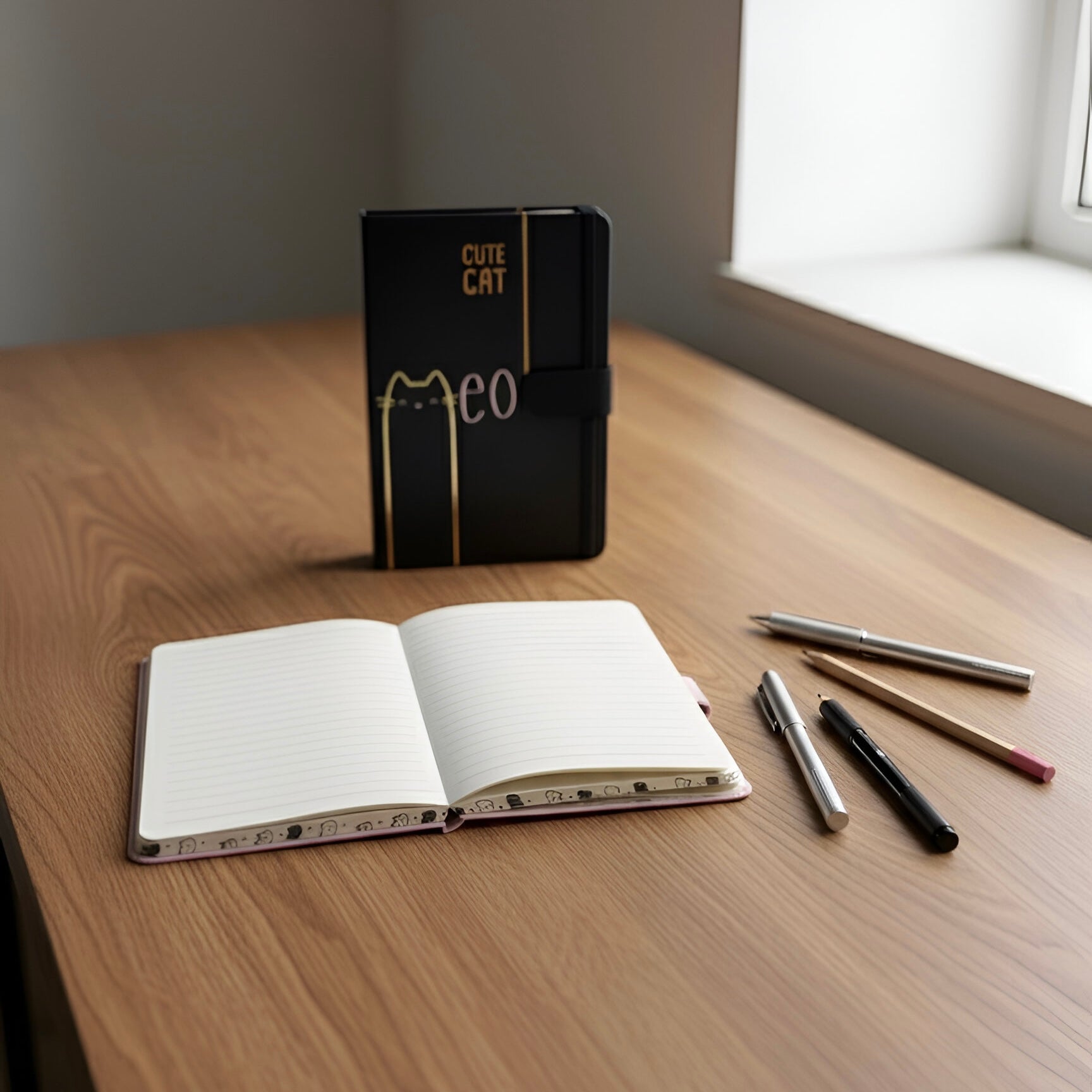 Slatki mačji rokovnik s magnetom A5, crno-zlatna naslovnica s ilustracijom