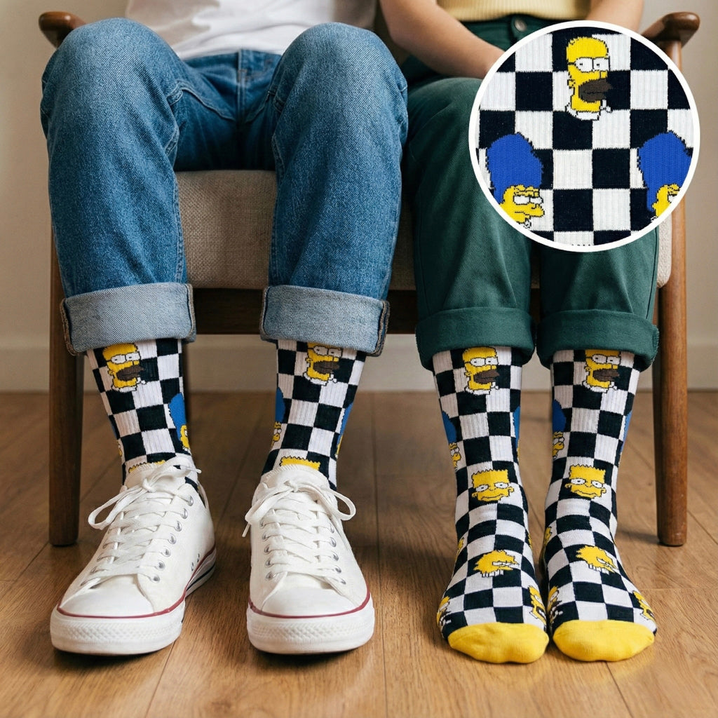 Crne i bijele kubičaste Simpsons čarape s žutim stopalima i plavom kosom