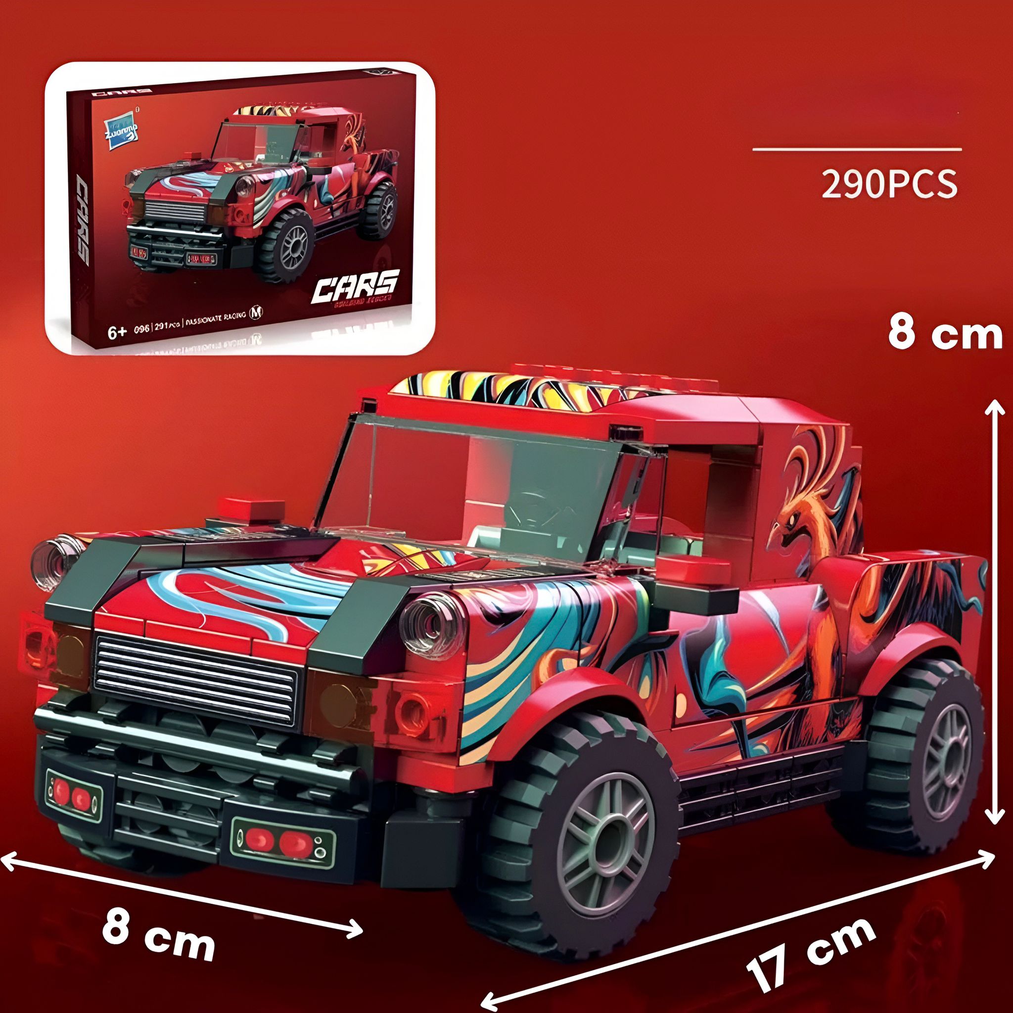 Crveni trkaći auto lego m crveni i crni plastični kamion s plamenim šarama 290 dijelova cars set