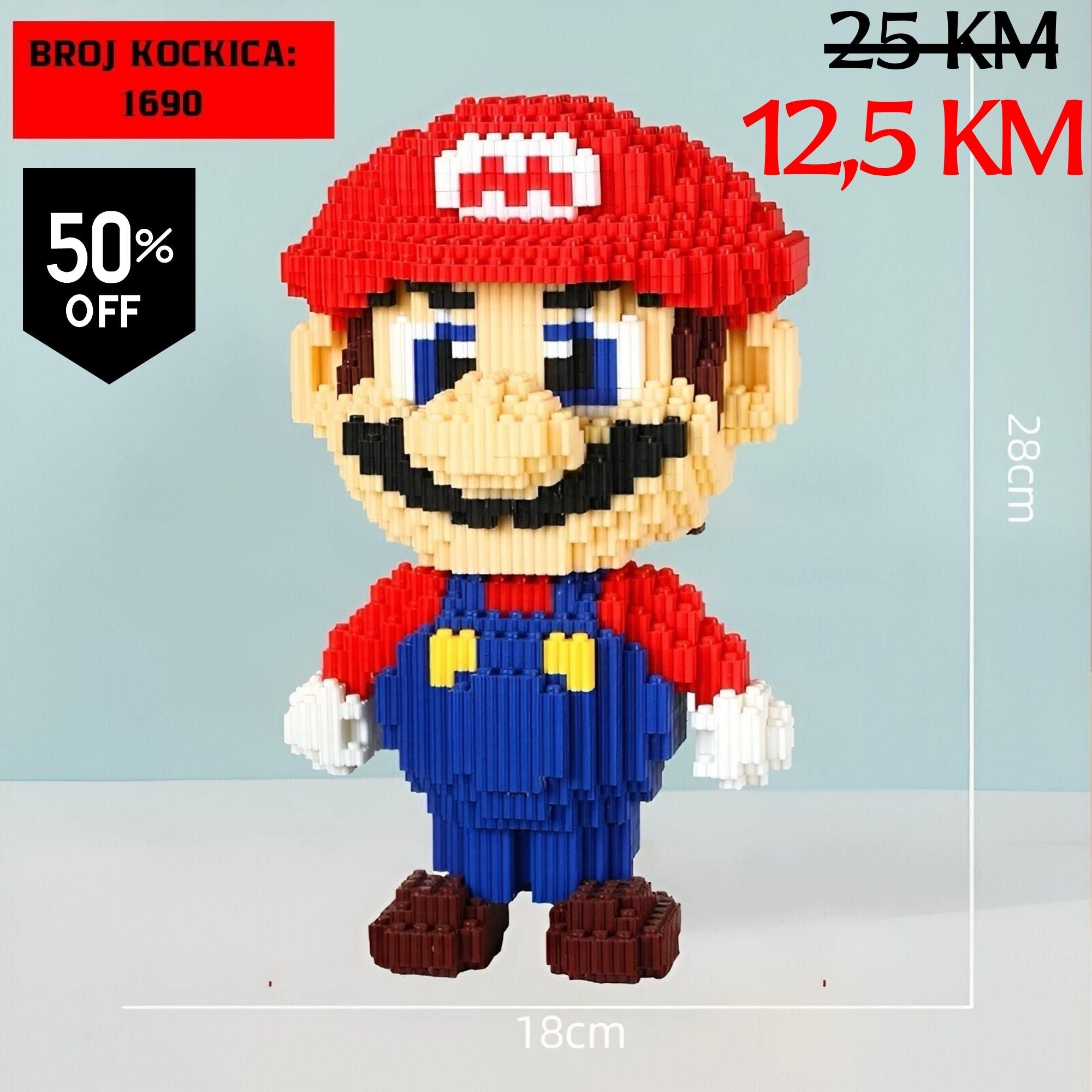 Pikselirana Mario figura od crvenih, plavih i žutih LEGO kockica (1690 komada)
