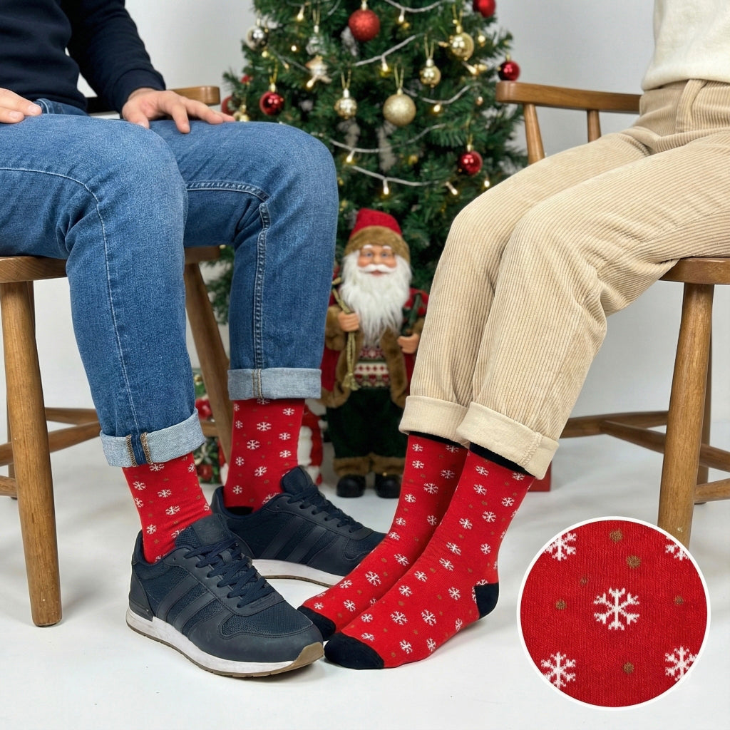 Crvene božićne čarape SNOW CHRISTMAS s bijelim pahuljama i crnim vrhovima