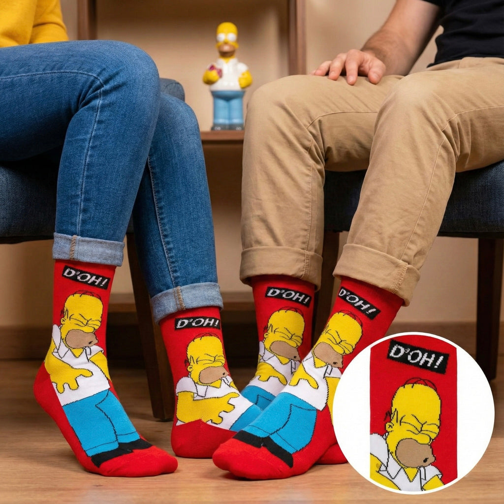 Crvene Homer Simpsons čarape s D’oh! izrazom u žuto-plavoj boji