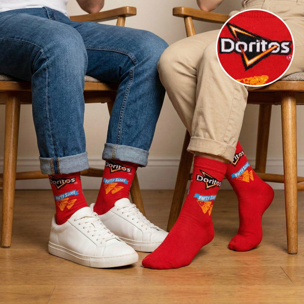 Crvene Doritos čarape s logom i tekstom Party Size! u plavoj, dizajn narančastih chipsa