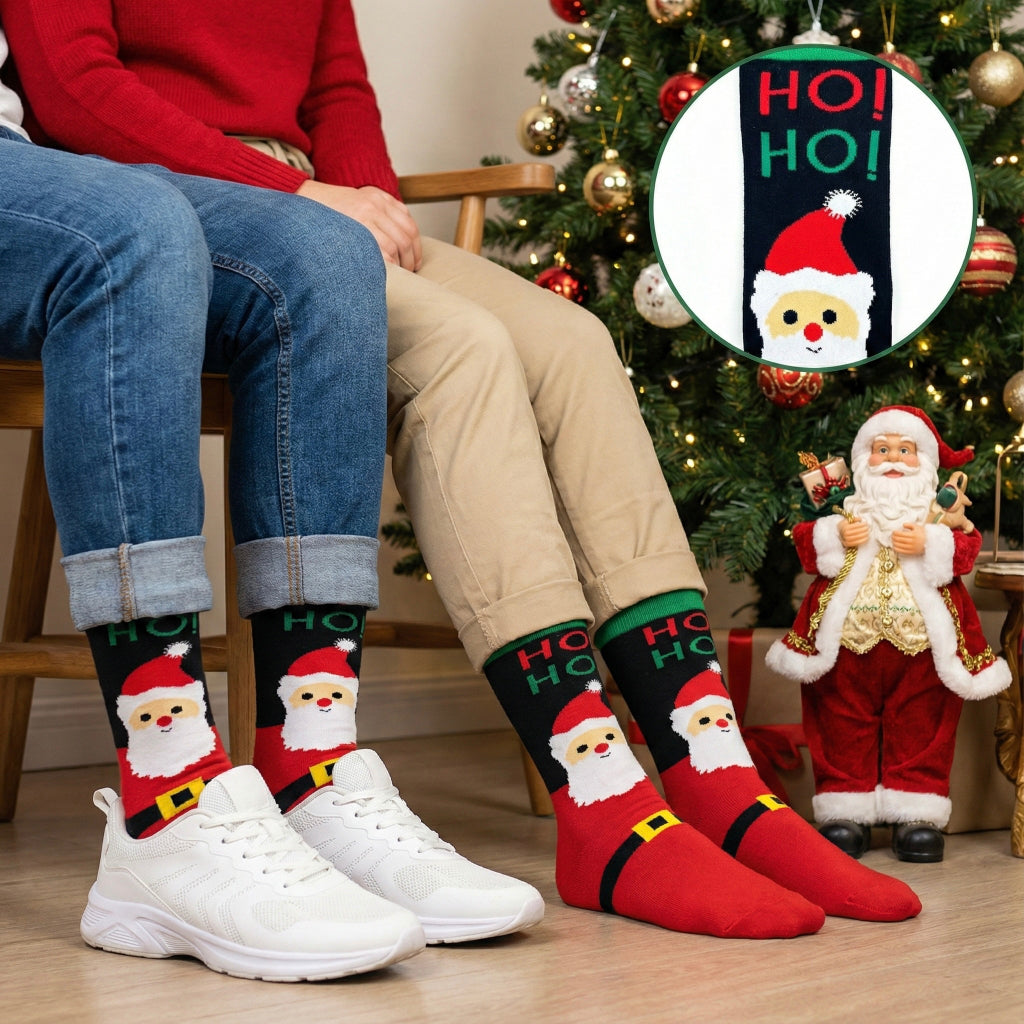 Crvene i crne čarape Djeda Mraza s veselom likom i Ho Ho tekstom
