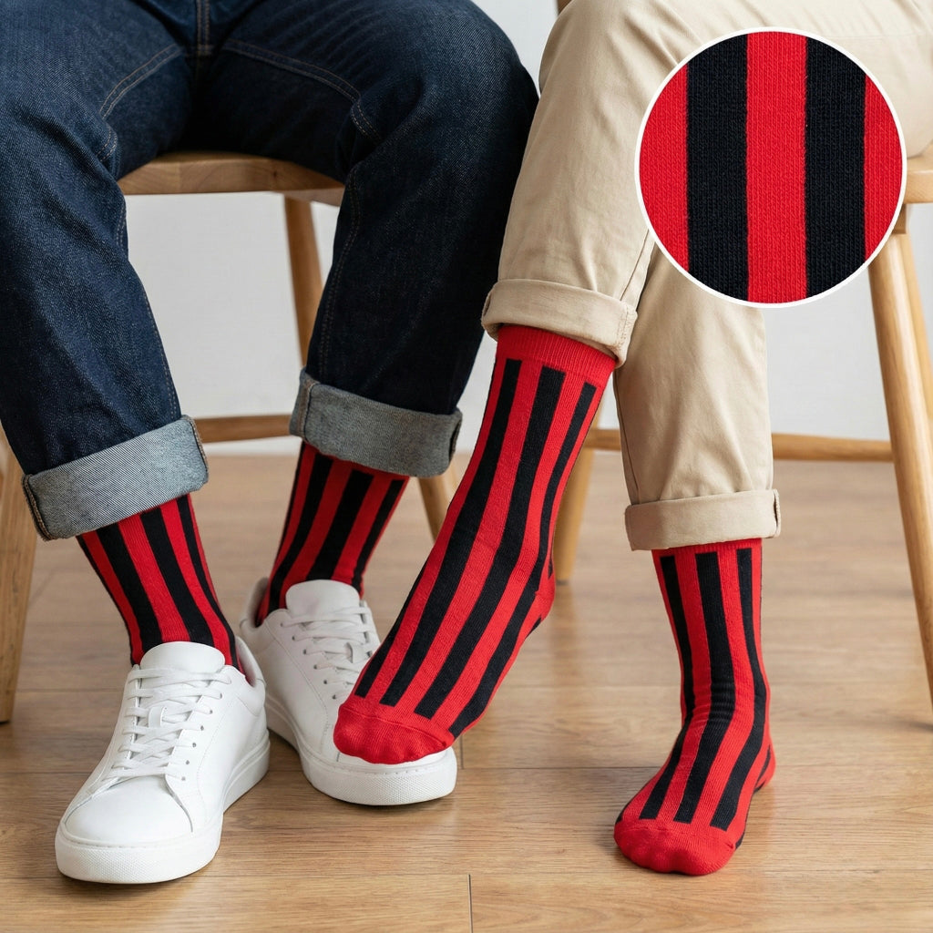 Crvene i crne vertikalno prugaste čarape Basic Stripes Red, rebrasta tekstura