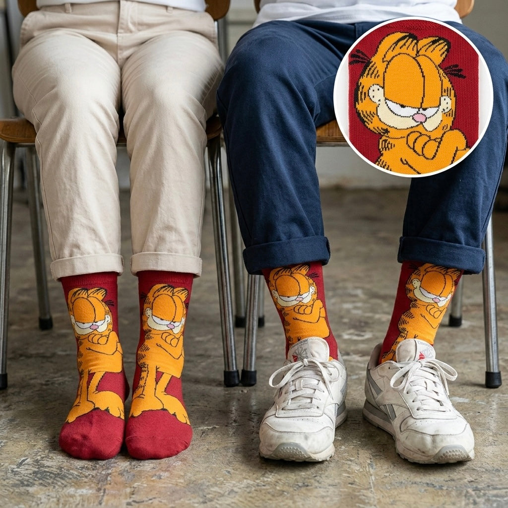 Crvene i narančaste Garfield čarape s mačkom u opuštenom položaju