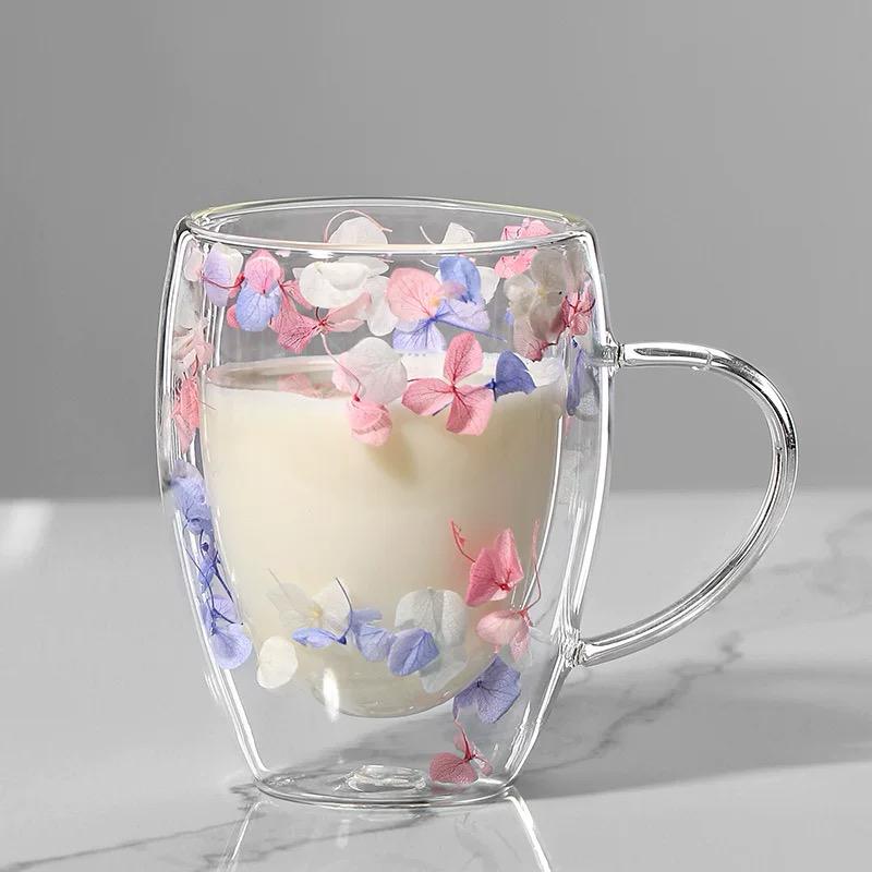 Floral-dekorirana šolja od duplog stakla 250ml, savršena za uživanje u piću