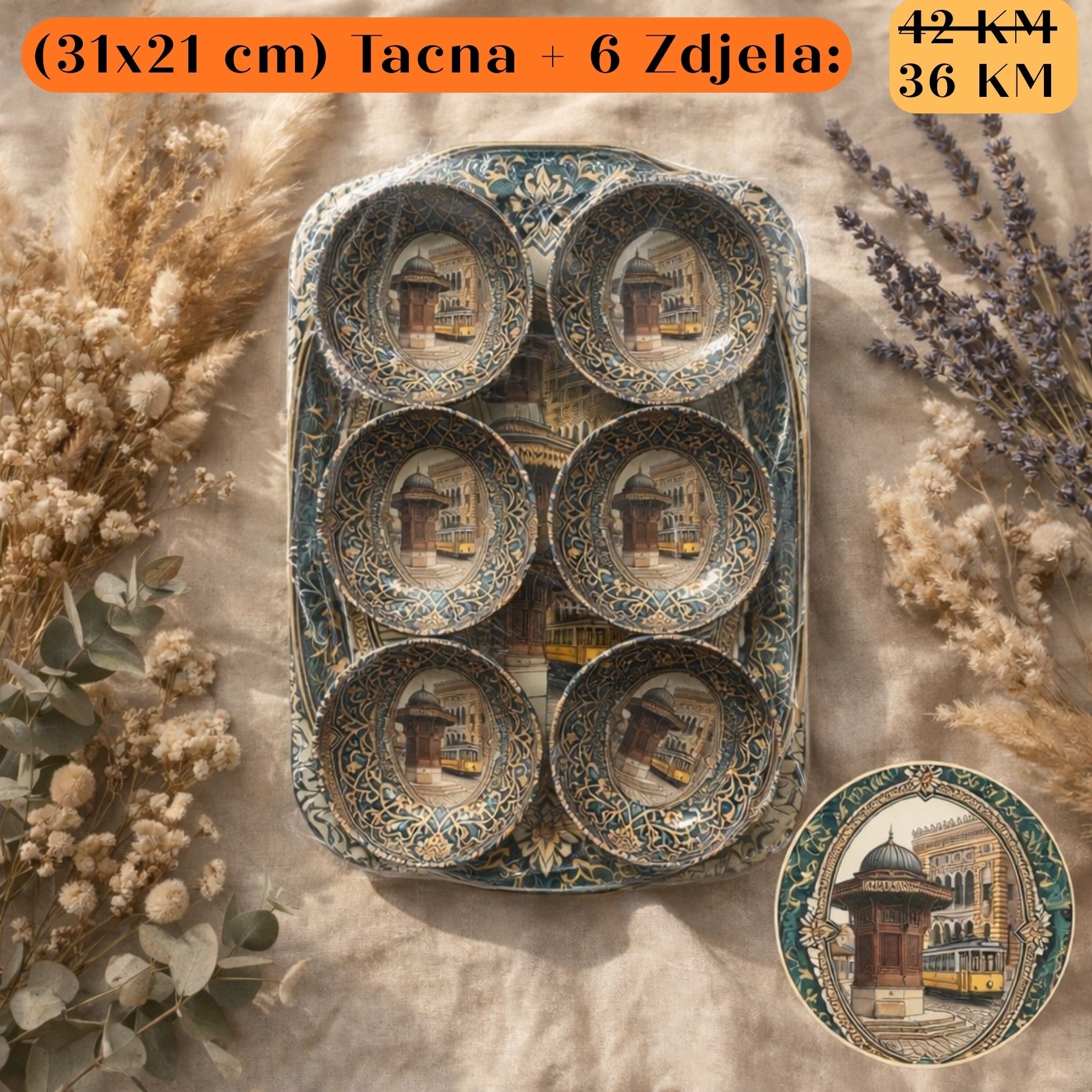 Poklon set Tacna + 6 zdjela s motivom povijesne zgrade i tramvaja na tirkiznoj podlozi