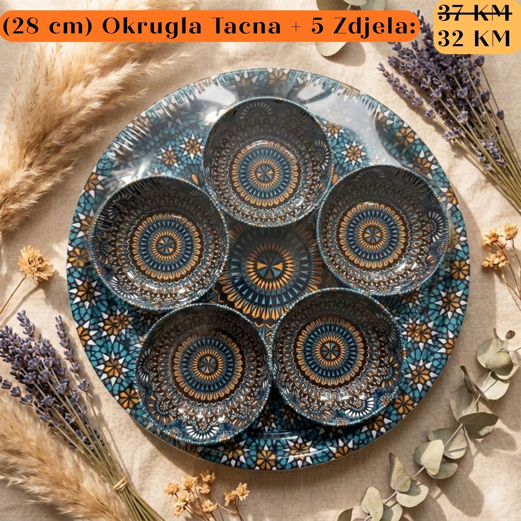 Poklon set Okrugla Tacna + 5 Zdjela s teal zlatnim mozaikom