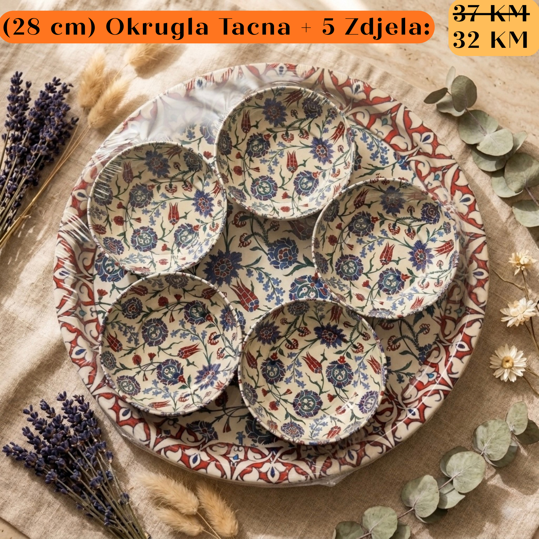 Poklon set Okrugla Tacna + 5 Zdjela s plavim i crvenim cvjetnim uzorkom