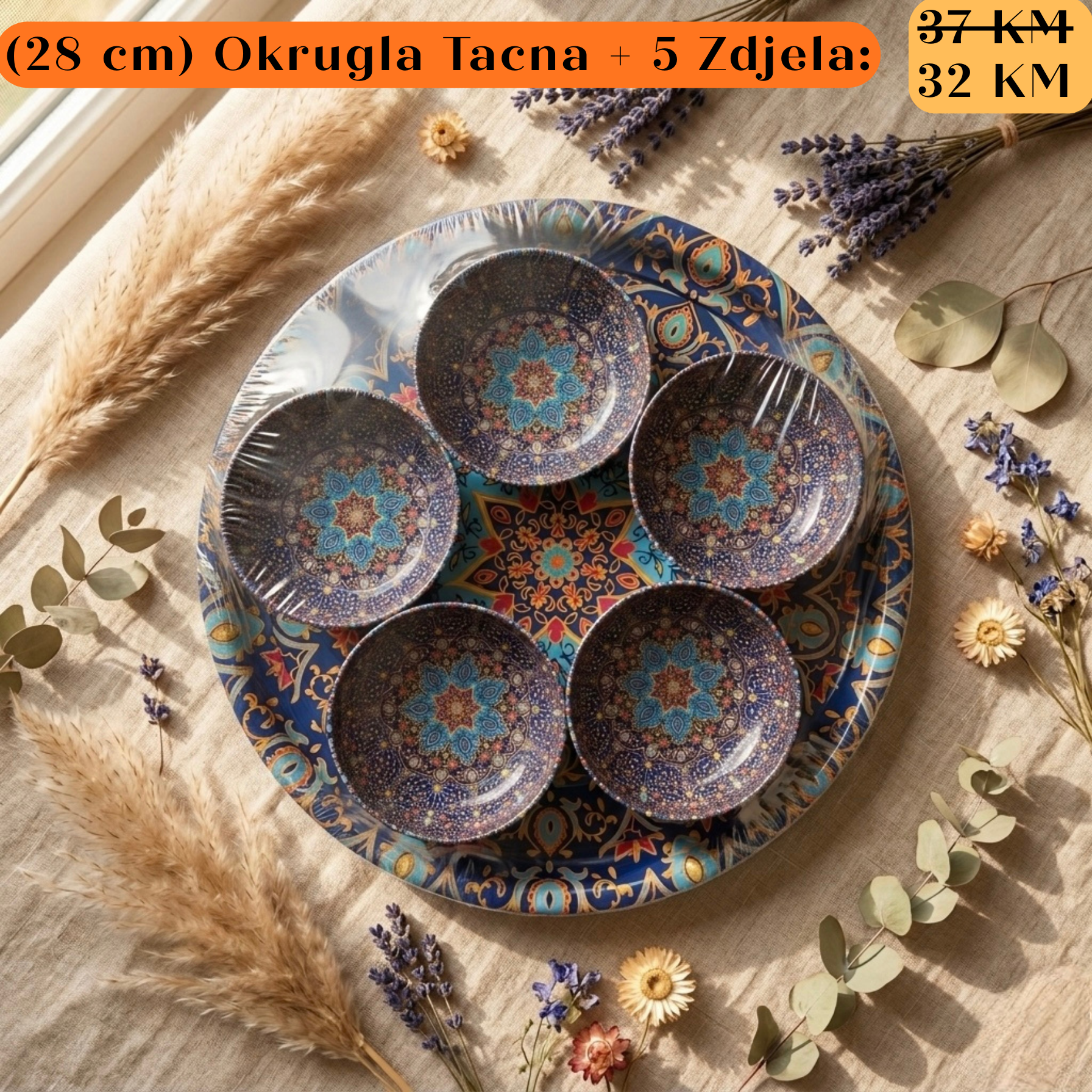 POKLON SET Okrugla Tacna + 5 Zdjela s plavom zlatnom mandalom