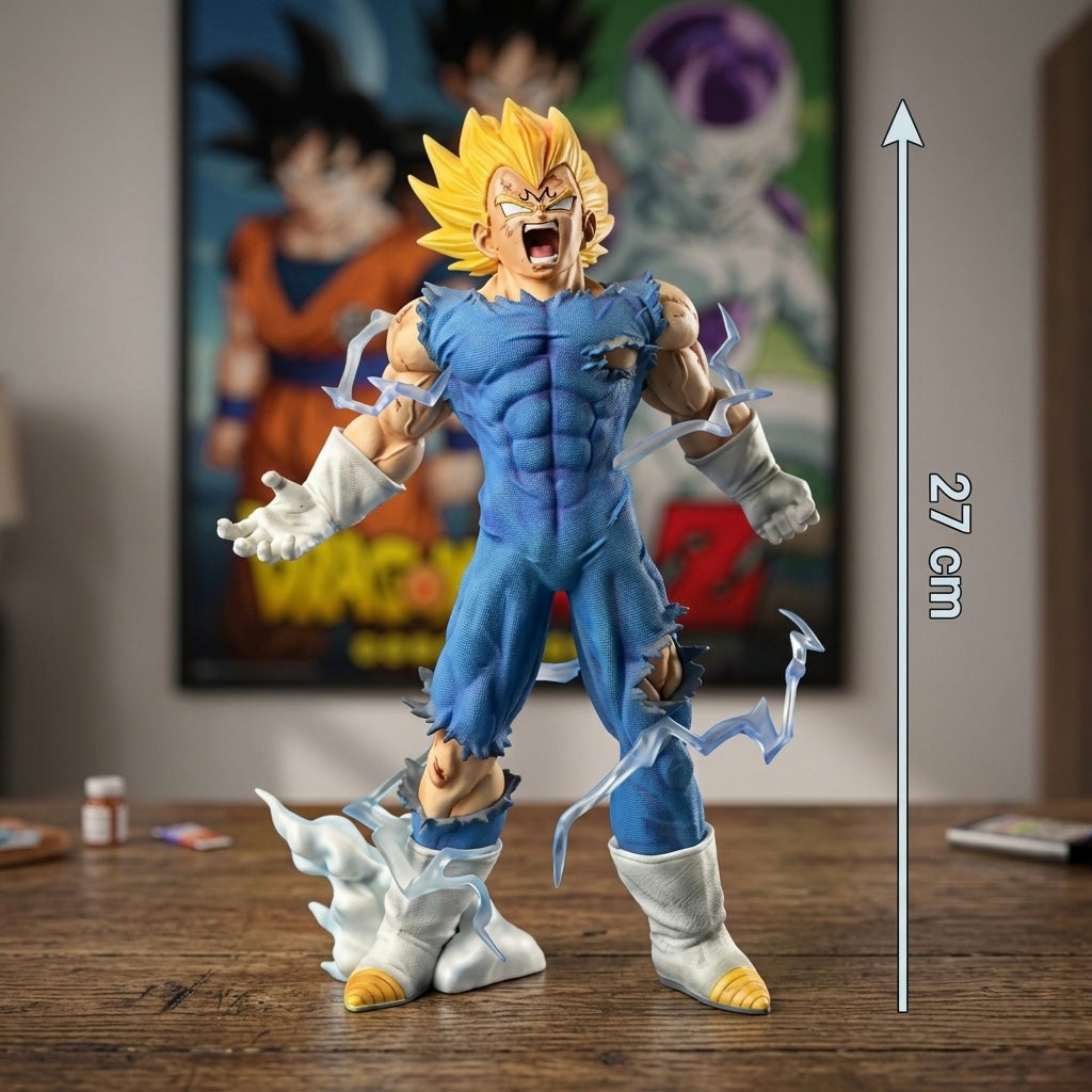 Detaljna figura akcijske igre super saiyan vegeta iz dragon ball z visoka 27 cm sa zlatnom kosom i plavim oštećenim odijelom