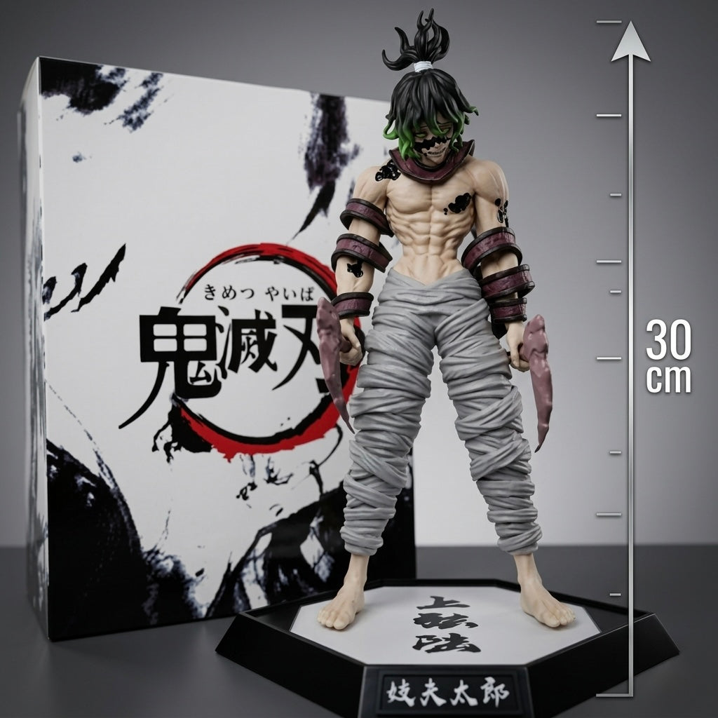 Demon slayer gyutaro figure 30 cm mišićavi lik s crno zelenom kosom držeći dvije zakrivljene oštrice