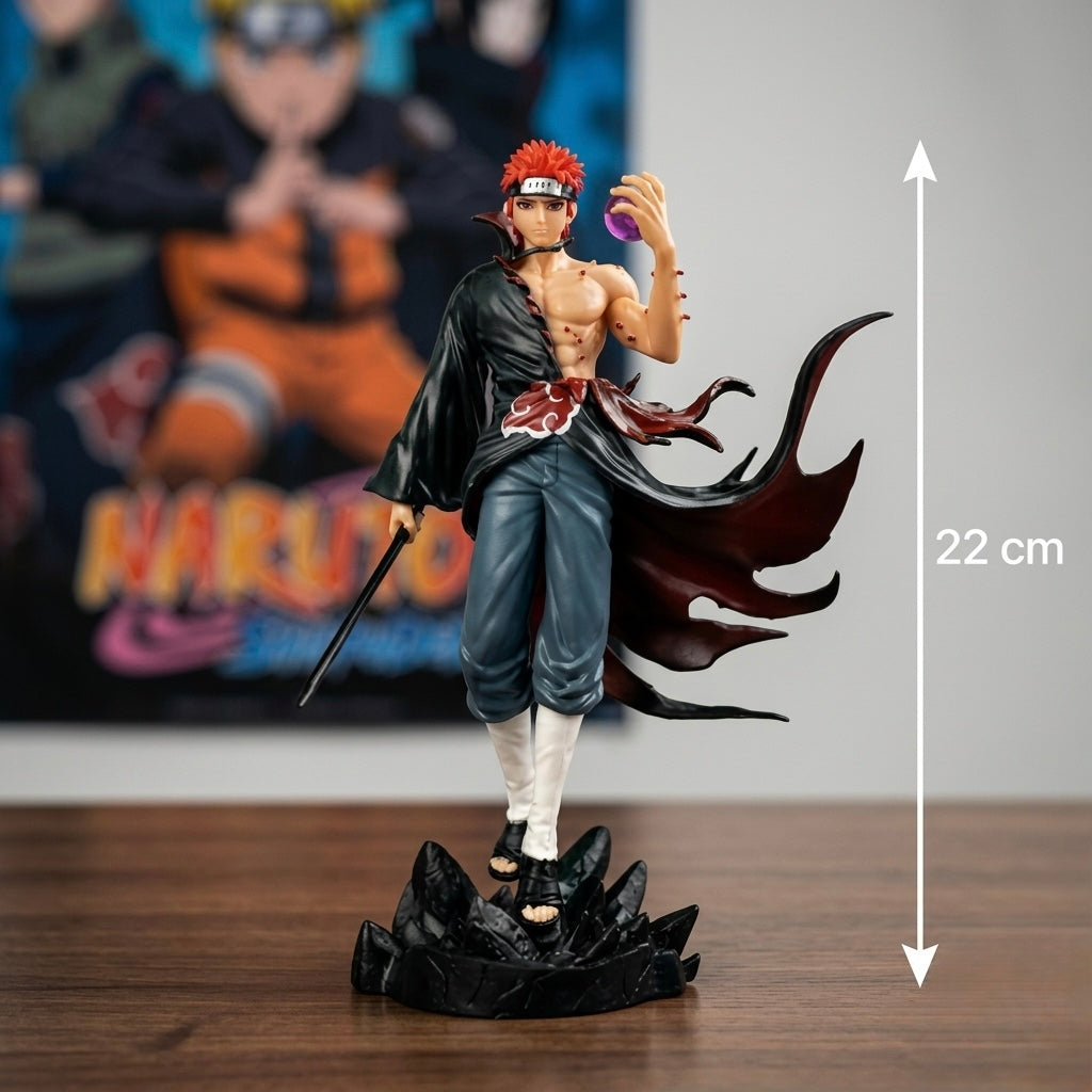 22 cm detaljna figurica Naruto Pain Nagato s crvenom kosom u crnoj haljini i plavim hlačama na stjenovitom postolju