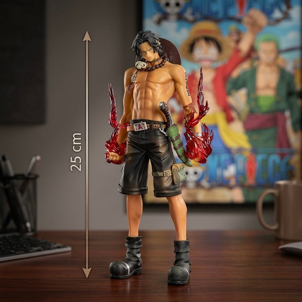 Detaljna 25 cm visoka figura ace iz one piece s crnom kosom, crnim šorcima i crvenim plamenim oružjem