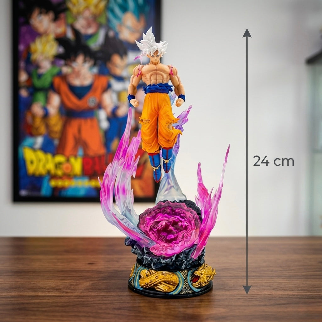 Dragon ball z son goku figure 24 cm s bijelom šiljastom kosom i dinamičnom ružičastom energijom oko narančastih hlača