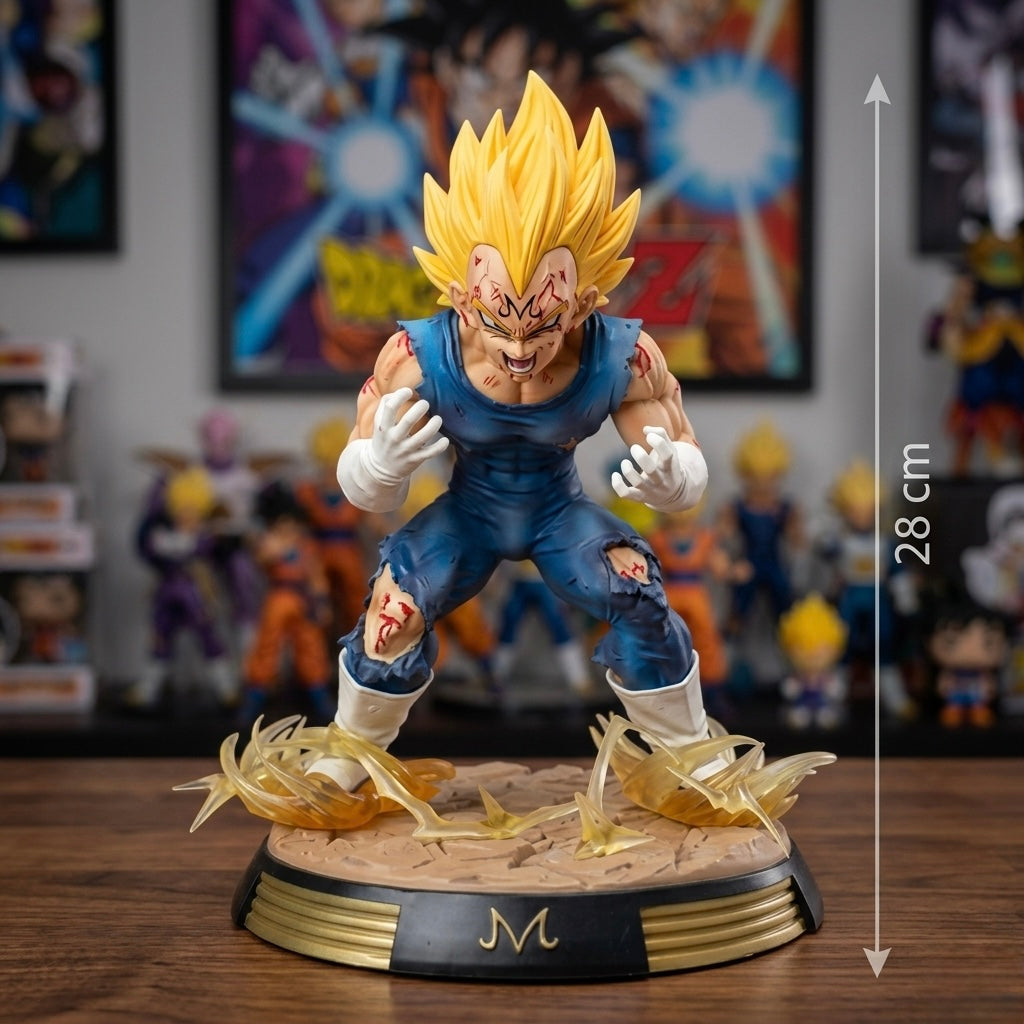 Detailed 28 cm dragon ball z vegeta figure in super saiyan form with spiky golden hair and blue battle-worn gi
