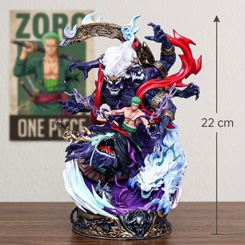 Detaljna 22 cm visoka resin figura zoro iz one piecea u snažnom višerukom obliku s ljubičastim i crvenim efektima energija