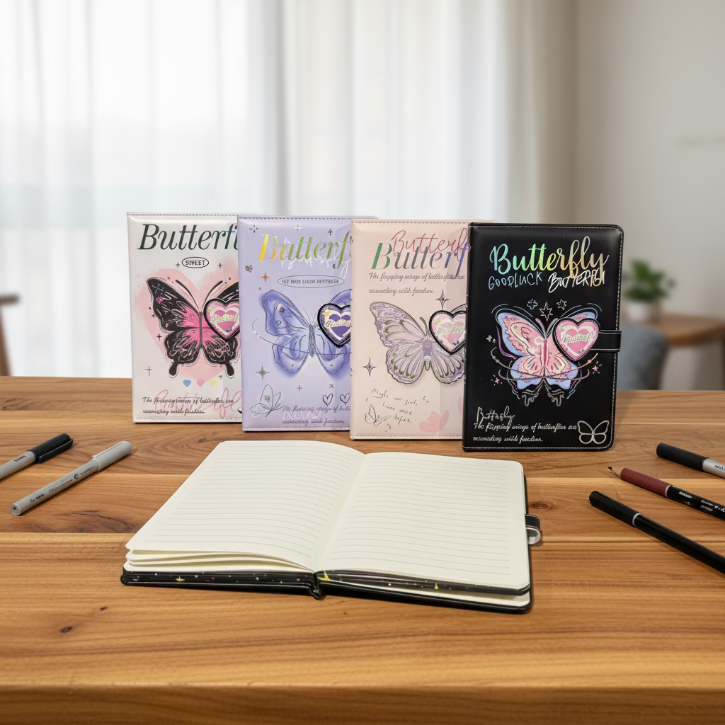 Butterfly rokovnik A5 s crnim kožnim uvezom i ružičastim srcem, otvoren