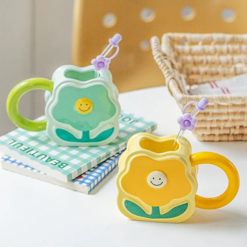 Dva cvijet keramička šolja sa slamkom, idealna za keramički set čajnik