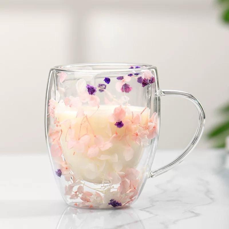 Double-walled glass mug with dried flowers, CVIJET ŠOLJA DUPLO STAKLO 350ML