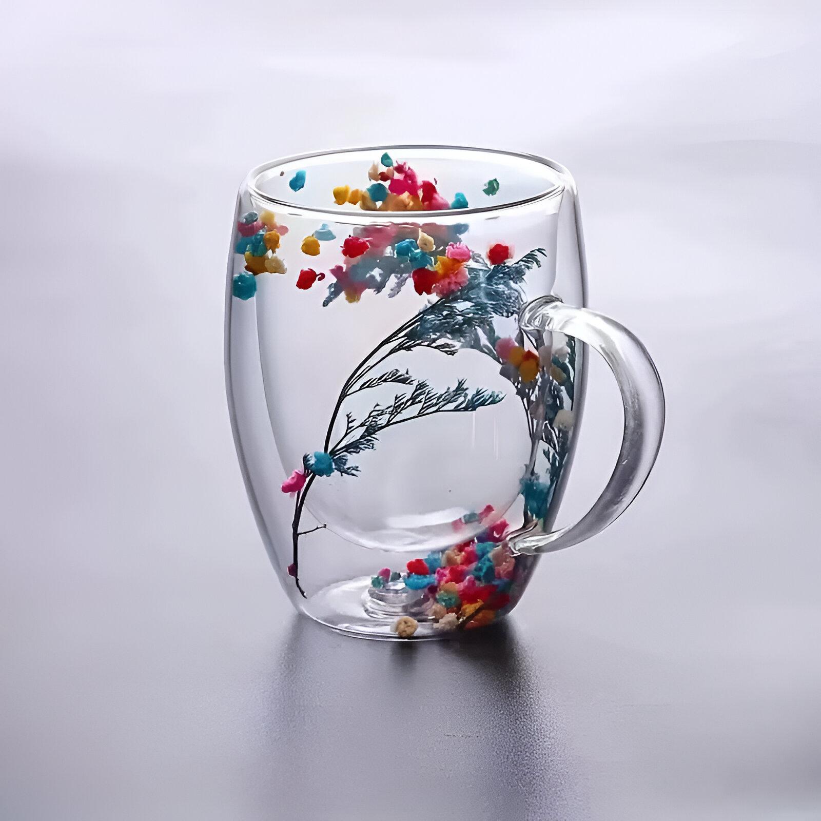 Double-walled glass mug CVIJET ŠOLJA DUPLO STAKLO 350ML with colorful floral inclusions