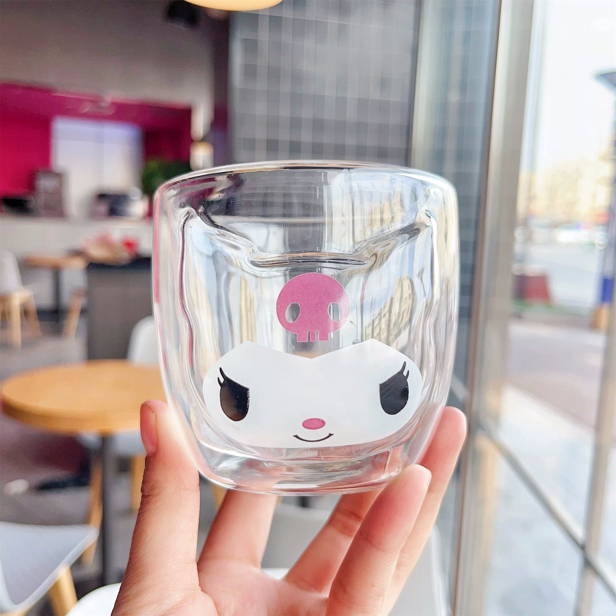 Double-walled glass cup with cartoon design, ideal for KUROMI ČAŠA DUPLO STAKLO