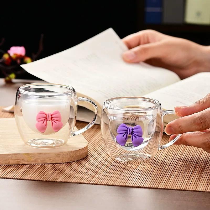 Ljubičasta dvostruko staklena šalica s mašnom 250 ml