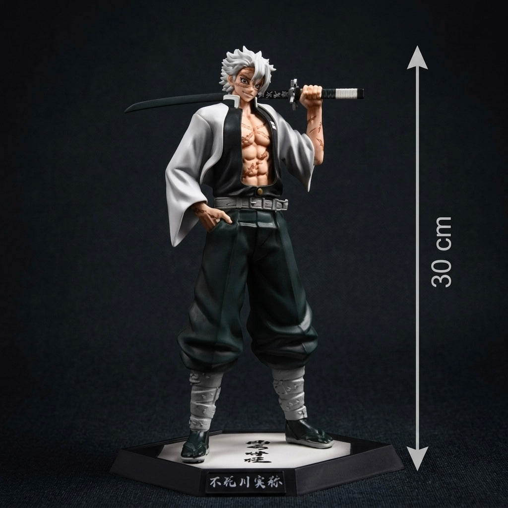 Demon slayer sanemi shinazugawa 30 cm figura s bijelom kosom i mišićavim tijelom u sivo-crnoj tradicionalnoj haljini sa mačem