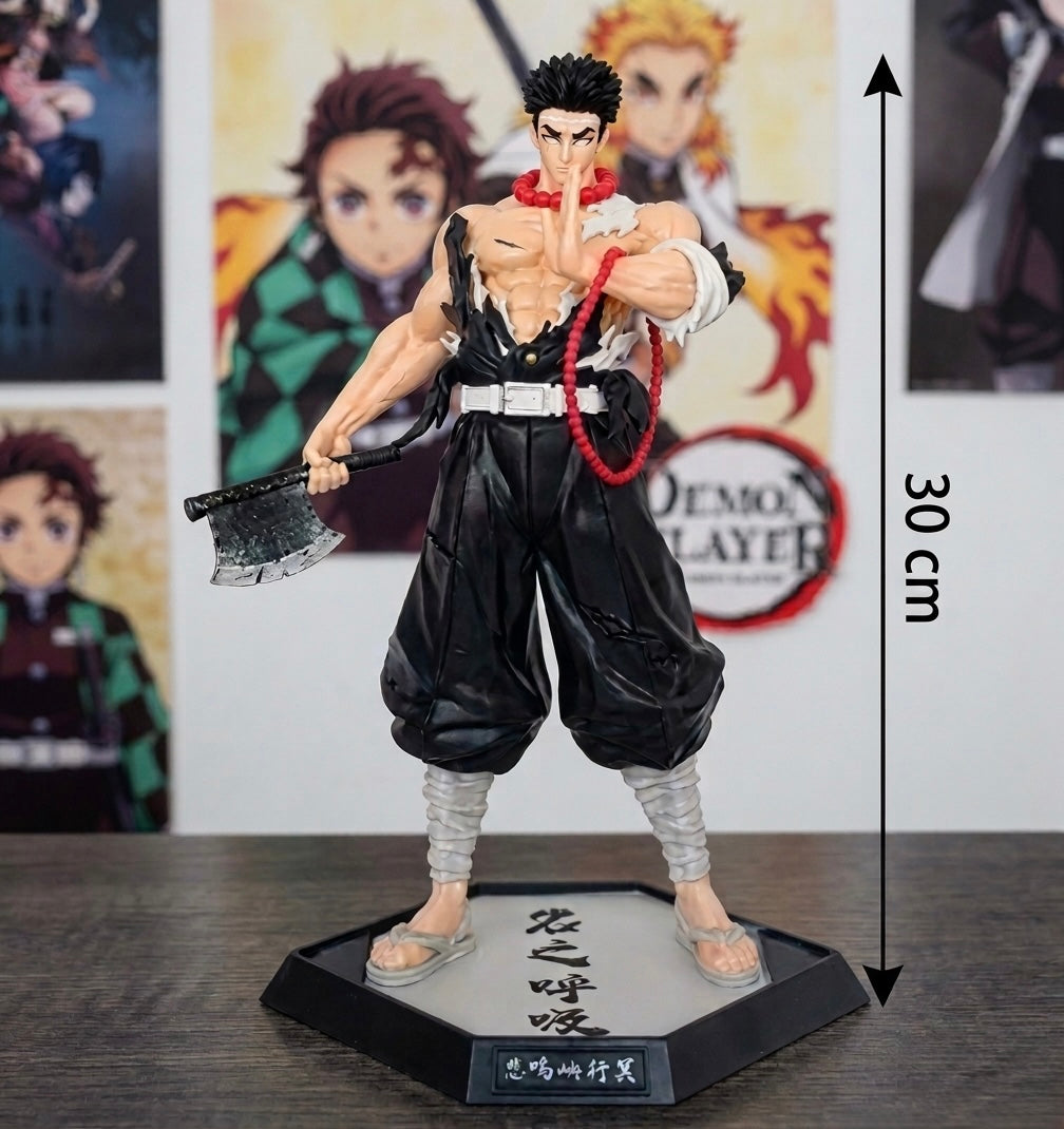 Demon slayer gyomei himejima figura 30 cm crno crvena detaljna skulptura stoji na heksagonalnoj bazi