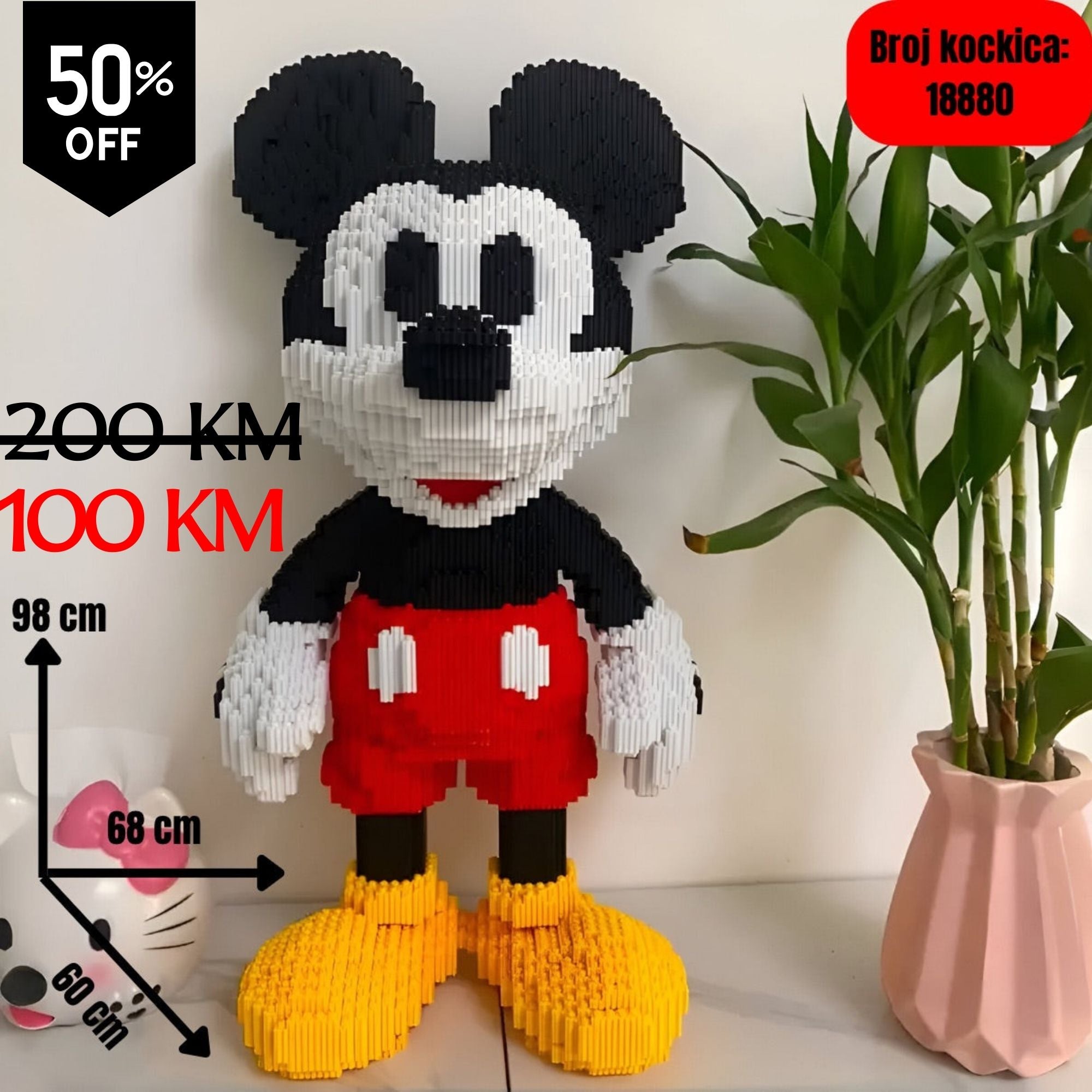 98 cm visoka Lego figura Mickey Mousea od crnih, bijelih, crvenih i žutih kockica (18880)