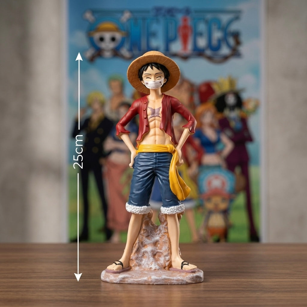One piece luffy figurina visine 25 cm nosi slamhat i crvenu jaknu s plavim kratkim hlačama