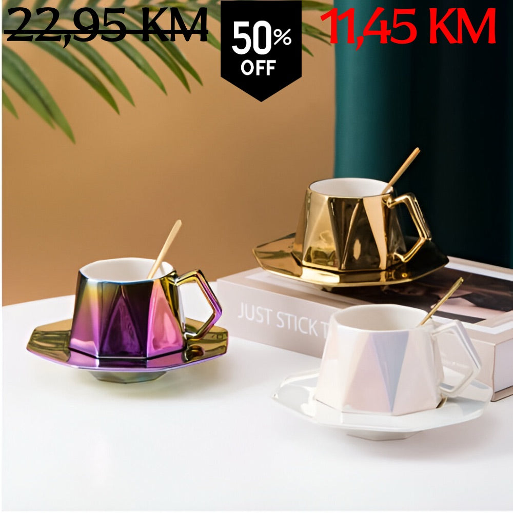 Geometrijski keramički retro šalice s iridescentnim i metalnim završnim slojevima, s podmetačima