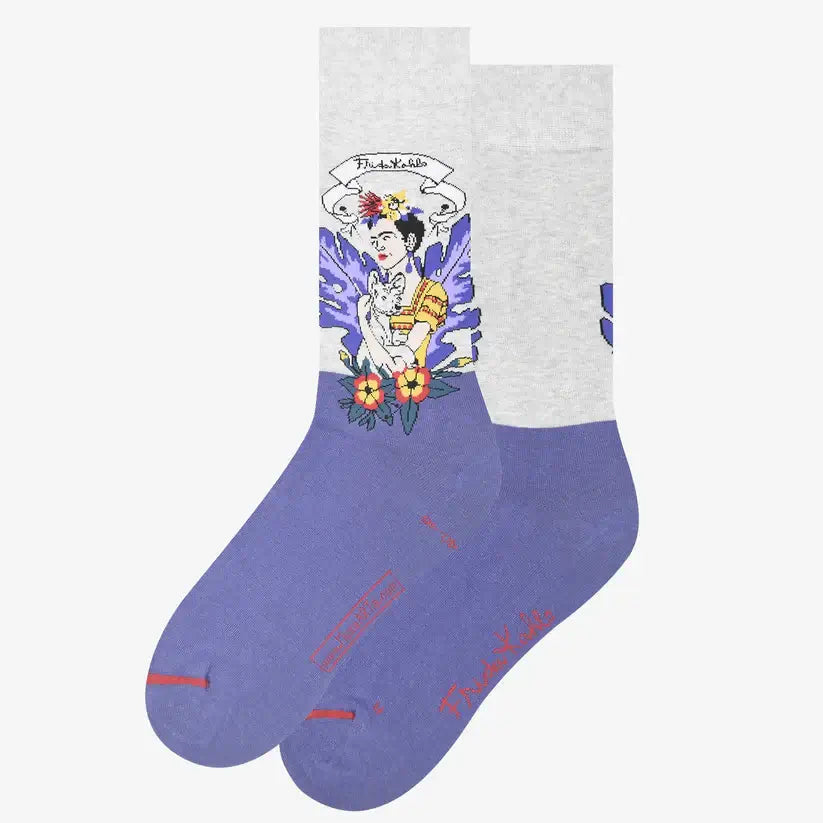 Socks siva i lavande s Frida Kahlo i psom u ljubičastim cvjetnim uzorcima